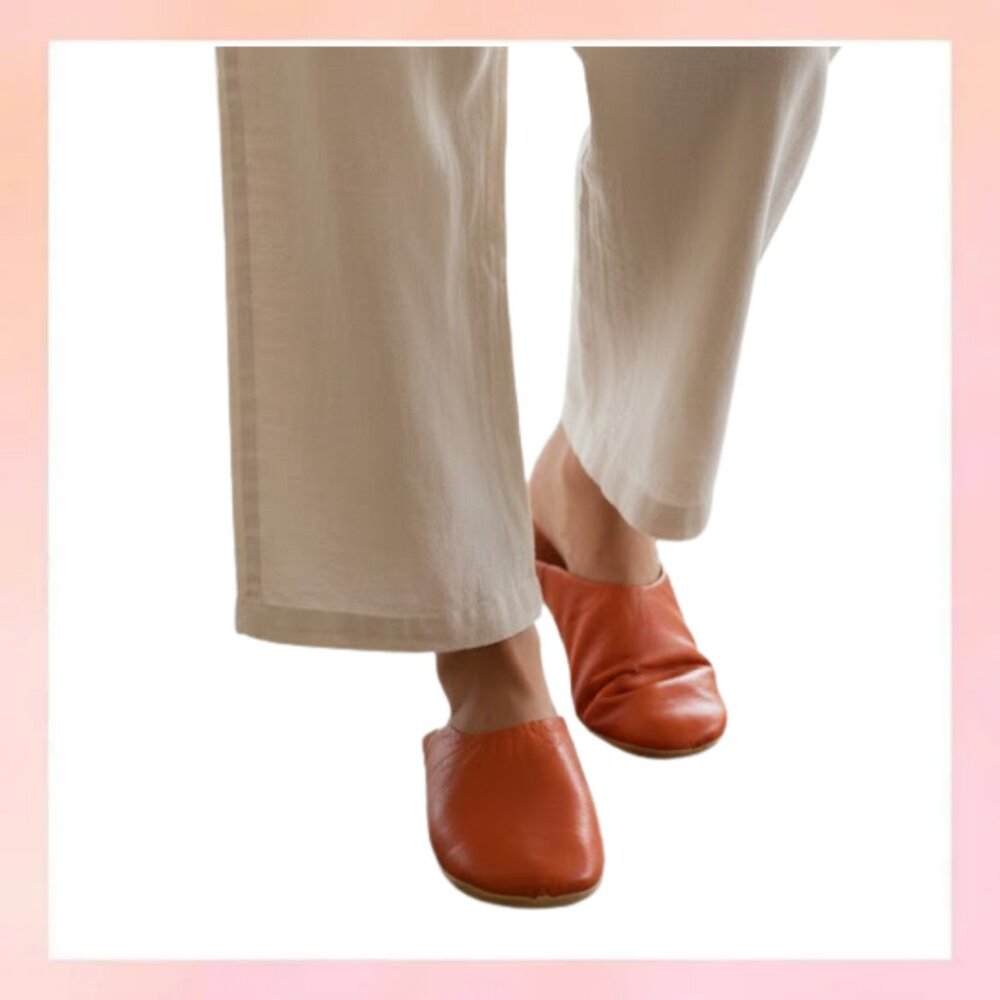Moroccan Leather Babouche Slippers- Orange size 7
